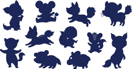 Fototapeta premium Dark Blue Silhouettes of Various Cute Cartoon Woodland Animals mouse squirrel