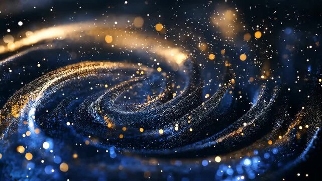 Abstract cosmic swirl with glittering blue and gold particles forming a dynamic spiral, creating a luxurious futuristic background for technology, science, and branding visuals