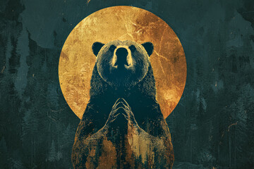 Majestic bear silhouette with golden moon backdrop in a serene forest setting