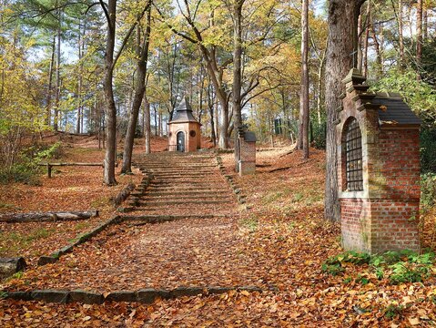 Way of the Cross with chapels in Herentals. Hiking trail on Kruisberg in Herentals, Belgium.