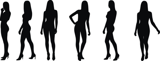 Woman silhouette vector set, fashion model standing and posing in high heels, young female figure collection isolated black