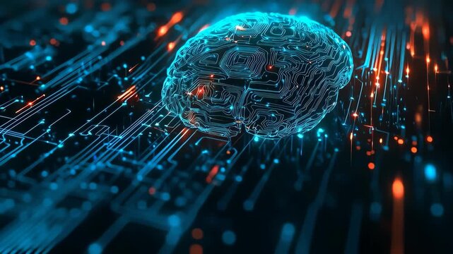 Futuristic digital brain illustration composed of neon circuitry and flowing data streams, depicting artificial intelligence, machine learning, neural networks, and technology - Powered by Adobe