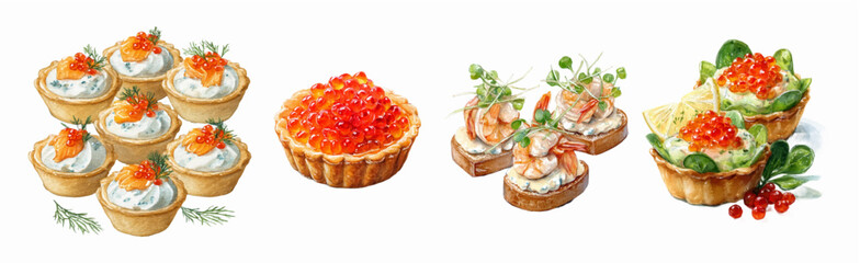 Festive Christmas appetizer plate with red caviar canapes, smoked salmon slices and gourmet cheese on a white background. Watercolor festive food.