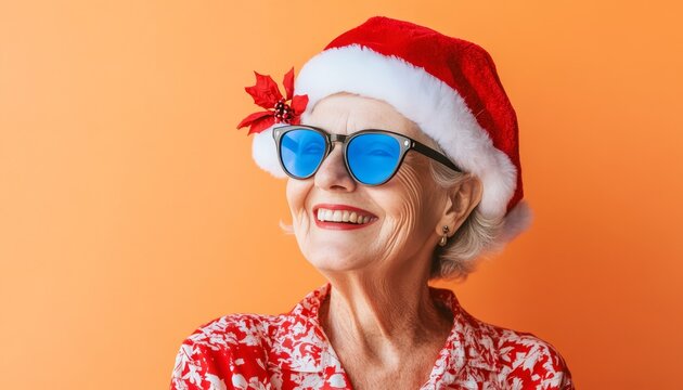 Joyful elderly woman wearing festive headwear and bright sunglasses poses against a warm background - Powered by Adobe
