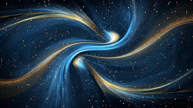 Abstract cosmic swirl in deep space with blue and gold stardust and spiral energy, a dynamic galaxy-like pattern conveying motion, mystery, and expansive celestial wonder.