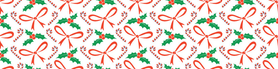 Vector seamless pattern of Christmas symbols in flat style. Bright background and texture on theme New Year, xmas