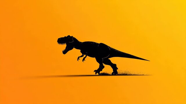 Minimalist black silhouette of a roaring T-Rex on a bright orange background, flat design, graphic poster style