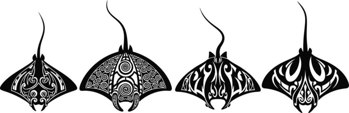Four black and white tribal stingray tattoo designs vector graphics eps silhouette