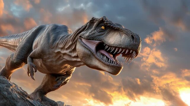 Photorealistic tyrannosaurus , T-Rex roaring on a rocky cliff at sunset, dramatic lighting