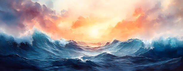 Dramatic Watercolor Nautical Scene Waves, Sky, and Sunset in a Vintage Film Style