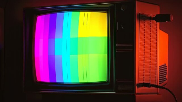 Vintage television set in a dark room displaying vivid color test bars with glowing neon hues, retro tech ambiance, static signal, and nostalgic cinematic presence.