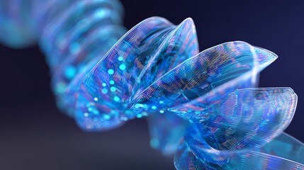 Layered transparent sheets curl into a spiral with glowing code lines and data particles, representing abstract AI systems, machine autonomy, futuristic programming, and digital information networks