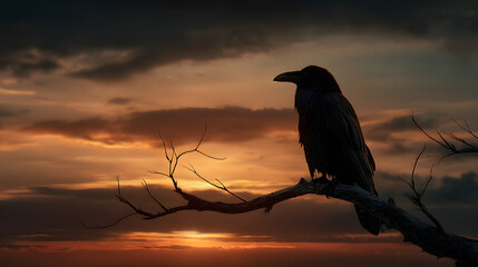 Solitary Raven on a Branch Against the Sunset Glow &ndash; Dramatic Golden-Hour Wildlife Photography