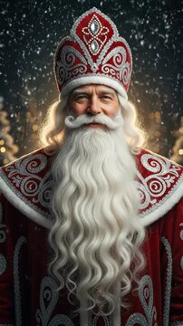 Portrait of Ded Moroz, the Russian Santa Claus, with falling snow. Festive character in a traditional red costume for Christmas and New Year. AI generated holiday greeting animation