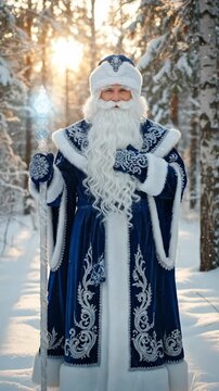 Ded Moroz standing in a snowy winter forest with a magic staff. The Russian Father Frost in a traditional blue costume. Christmas and New Year holiday celebration