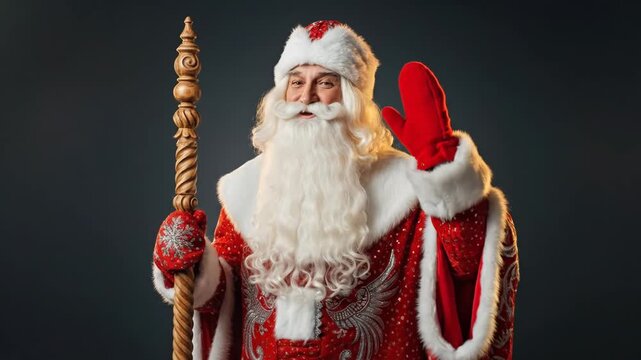 Russian Ded Moroz in a traditional red coat waving a greeting. Father Frost character smiling for Christmas and New Year celebrations. Animated holiday portrait