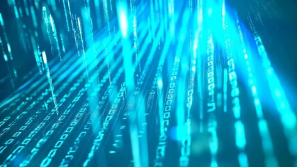 High-tech digital data stream visualization with neon blue binary code and light trails illustrating cybersecurity, data analytics, cloud computing, seamless transfer - Powered by Adobe