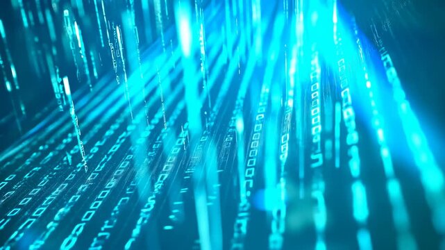 High-tech digital data stream visualization with neon blue binary code and light trails illustrating cybersecurity, data analytics, cloud computing, seamless transfer - Powered by Adobe