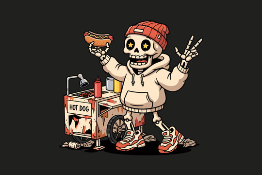 Skeleton Hot Dog Vendor Holding Food and Making Peace Sign.