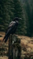 Solitary Raven Perched on an Old Wooden Post &ndash; Moody Wildlife & Dark Nature Photography
