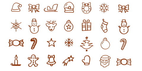 Hand-drawn Christmas icons featuring Santa, snowflakes, snowmen, gifts, candy canes, wreaths, stars, tree, reindeer and holiday elements. Cute festive doodle set perfect for Christmas design and decor © Buddhajibon