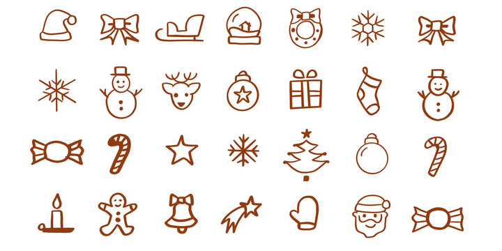 Hand-drawn Christmas icons featuring Santa, snowflakes, snowmen, gifts, candy canes, wreaths, stars, tree, reindeer and holiday elements. Cute festive doodle set perfect for Christmas design and decor