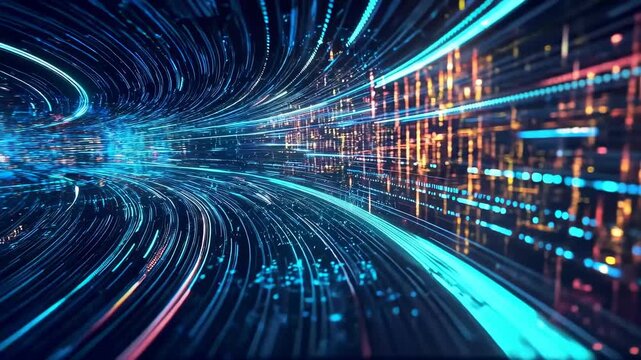High-speed digital data stream in a futuristic neon cityscape background featuring glowing light trails, abstract technology network, and a sense of connectivity and innovation - Powered by Adobe