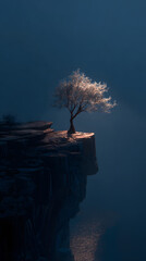 Solitary Tree Glowing at Edge of Cliff &ndash; Dramatic Nature Landscape, Majestic Cliffside Scene
