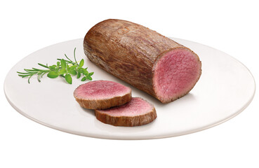 prato com carne bovina assada acompanhado de ervas isolado em fundo transparente