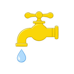Yellow water tap dripping a single clear blue water drop illustration
