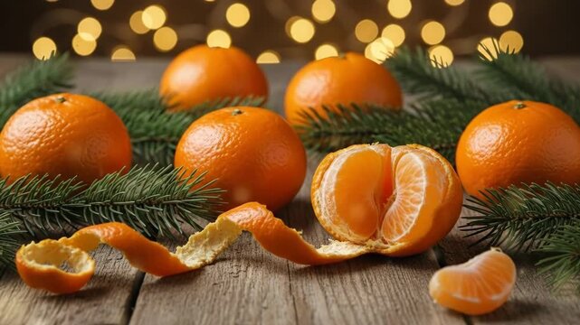 Festive Christmas still life with tangerines and fir branches. Fresh mandarins on a rustic wooden table with sparkling bokeh lights. Traditional winter holiday and New Year celebration concept