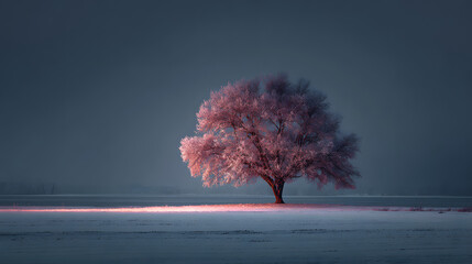 Solitary Tree Glowing in Snowy Winter Field &ndash; Magical Frosty Landscape, Serene Nature Scene