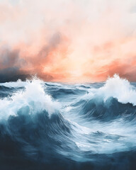 Dramatic Watercolor Painting of a Raging Ocean Under a Cloudy Sky at Sunset or Sunrise