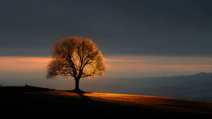 Solitary Tree Glowing with Golden Sunrise &ndash; Magical Morning Landscape, Radiant Nature Scene