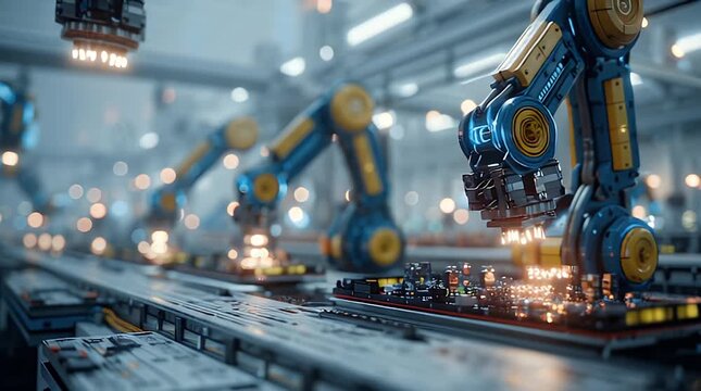 Futuristic Electronics Manufacturing Facility Featuring Robotic Hand and Advanced Automation