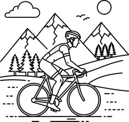 Cycling adventure through mountains vector illustration line art style eps silhouette