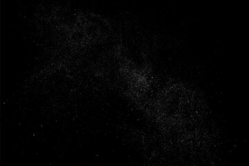 Distressed white grainy texture. Dust overlay textured. Grain noise particles. Snow effects pack. Rusted black background. Vector illustration, EPS 10. 