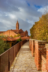 San Francesco (St Francis) 13th centuty medieval church with autumnal leaves, seen from Pisa ancient walls