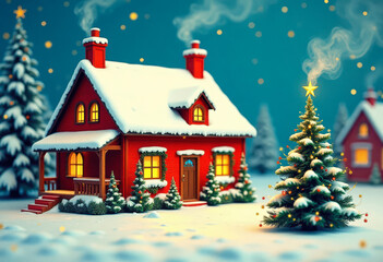 Snow-covered fabulous house and decorated christmas tree. Mockup in vintage style for winter holiday designs, greeting cards, banners. Copy space.