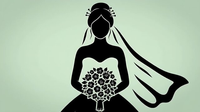 Elegant silhouette of a bride in a wedding gown holding a bouquet on a solid background