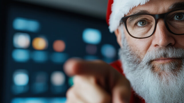 A joyful Santa Claus in glasses, pointing at the viewer, evokes feelings of festivity and anticipation during the Christmas season, amidst a tech-savvy background.