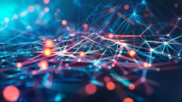 Abstract digital network visualization featuring interconnected glowing lines and nodes across a dark blue and orange gradient, representing data connectivity and technology themes