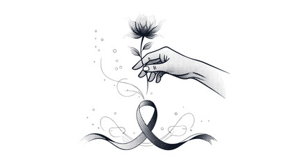 A hand holds a flower above a ribbon, symbolizing hope and remembrance.