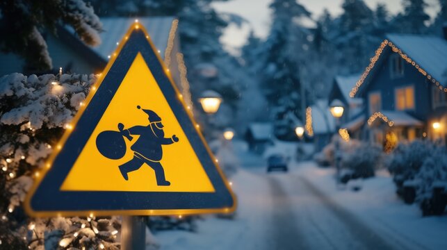 Santa crossing warning sign against snowy village background