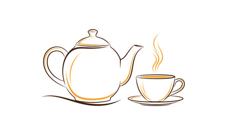 Illustration of a teapot and a steaming cup of tea on a saucer, symbolizing refreshment.