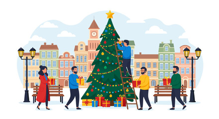 Group of happy people decorating a large Christmas tree in a festive town square for the winter holidays, a community celebration scene. c