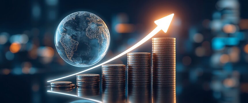Global Business Expansion Represented Through Coin Stacks and Ascending Arrow with World Globe Signifying International Financial Growth and Investment Opportunities