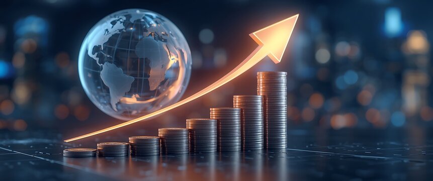 Global Financial Growth Depicted by Coins Stacked in Ascending Order with Arrow Pointing Upward Symbolizing Economic Progress and Transparent Globe Represents Worldwide Commerce