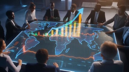 Business team meeting around futuristic holographic world map table. - Powered by Adobe