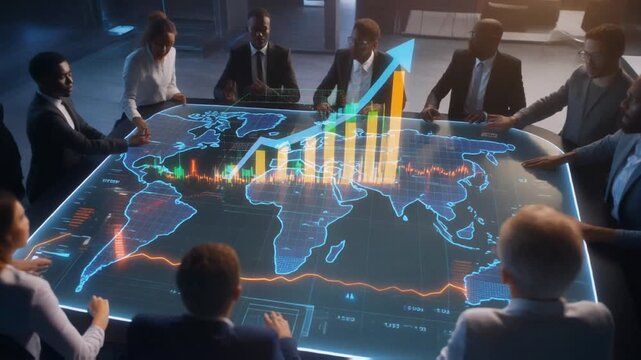 Business team meeting around futuristic holographic world map table. - Powered by Adobe